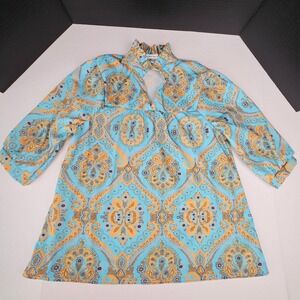 Cherry‎ Betty Blue Paisley Damask Ruffle Neck Keyhole Blouse 3/4 Sleeve Medium